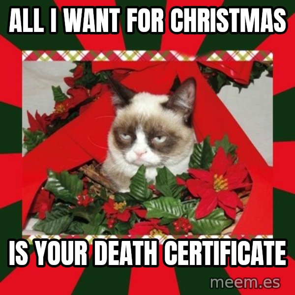 GRUMPY CAT ON CHRISTMAS meme: All I want for christmas / is your death certificate