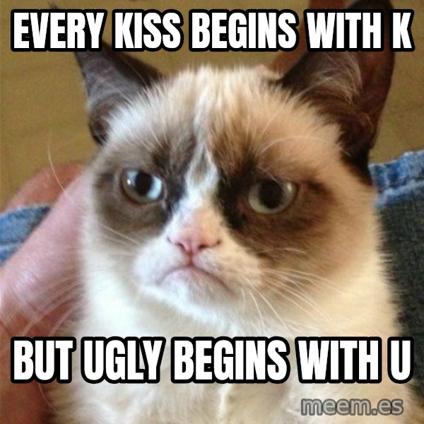 Grumpy Cat  meme: every kiss begins with k / but ugly begins with u