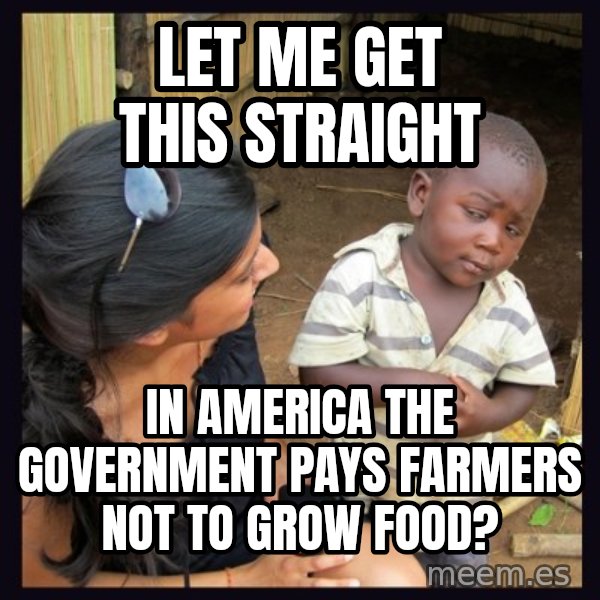 Skeptical 3rd World Kid meme: let me get this straight / in america the government pays farmers not to grow food?