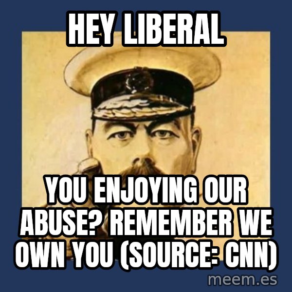 your country needs you meme: Hey Liberal / You enjoying our abuse? Remember we own you (source: CNN)
