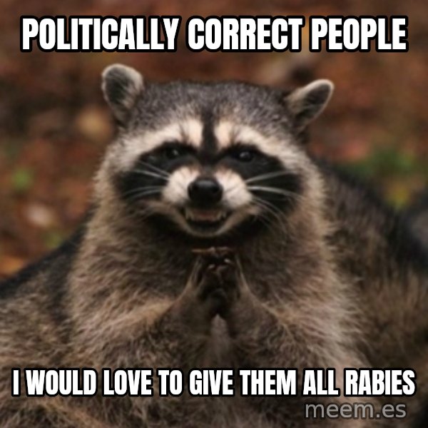 evil raccoon meme: politically correct people / i would love to give them all rabies