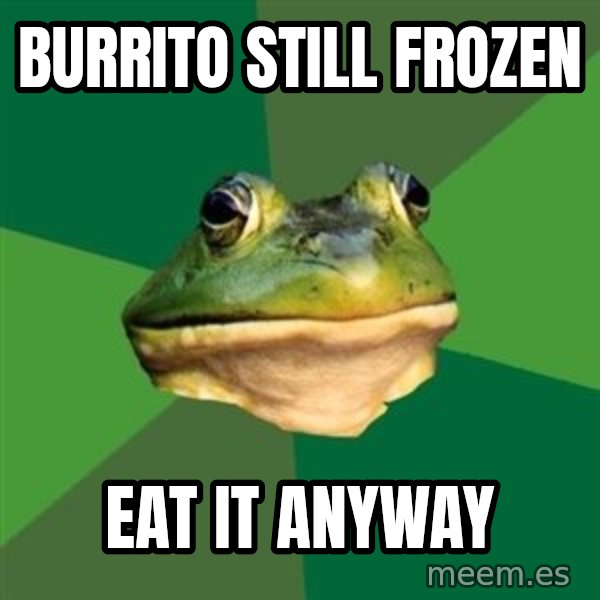 Foul Bachelor Frog meme: Burrito still frozen / eat it anyway