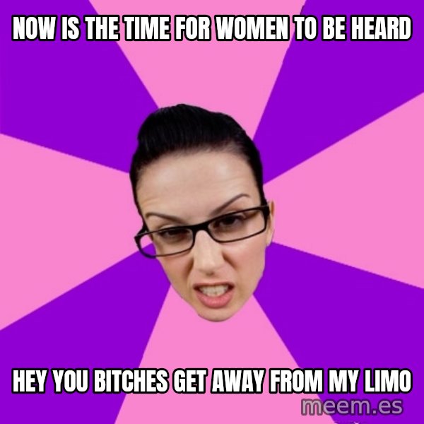 Privilege Denying Feminist meme: Now is the time for women to be heard / Hey you bitches get away from my limo