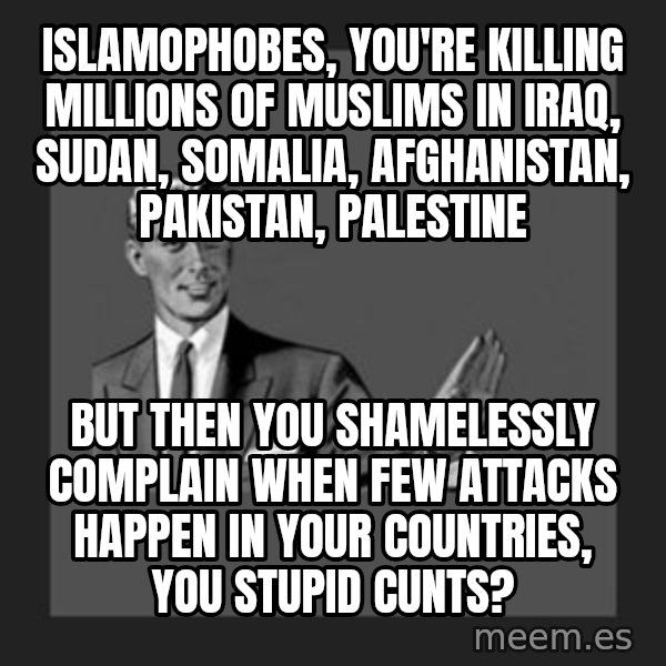 kill yourself guy meme: Islamophobes, you're killing millions of Muslims in Iraq, Sudan, Somalia, Afghanistan, Pakistan, Palestine / But then you shamelessly complain when few attacks happen in your countries, you stupid cunts?