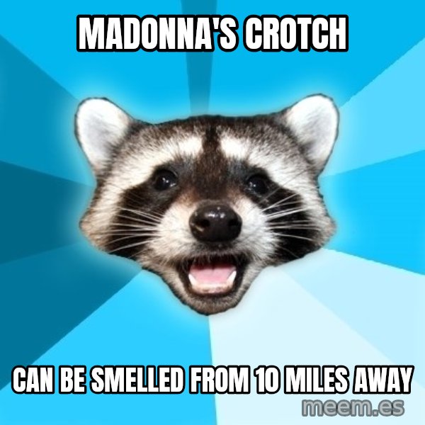 Lame Pun Coon meme: madonna's crotch / can be smelled from 10 miles away