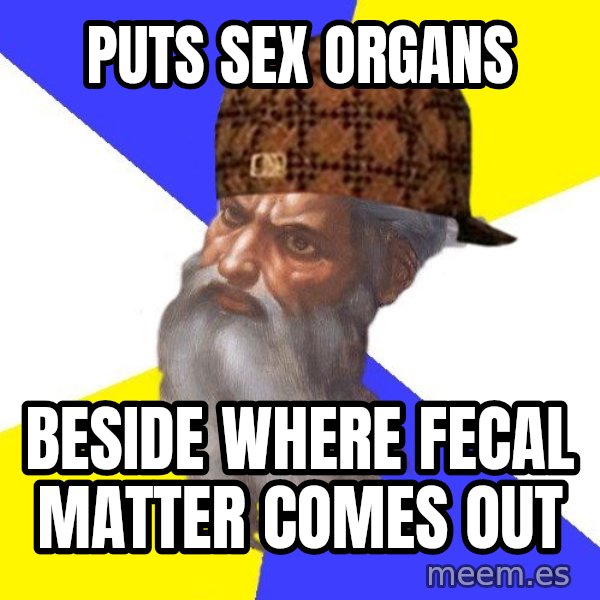 Scumbag God meme: Puts sex organs / Beside where fecal matter comes out
