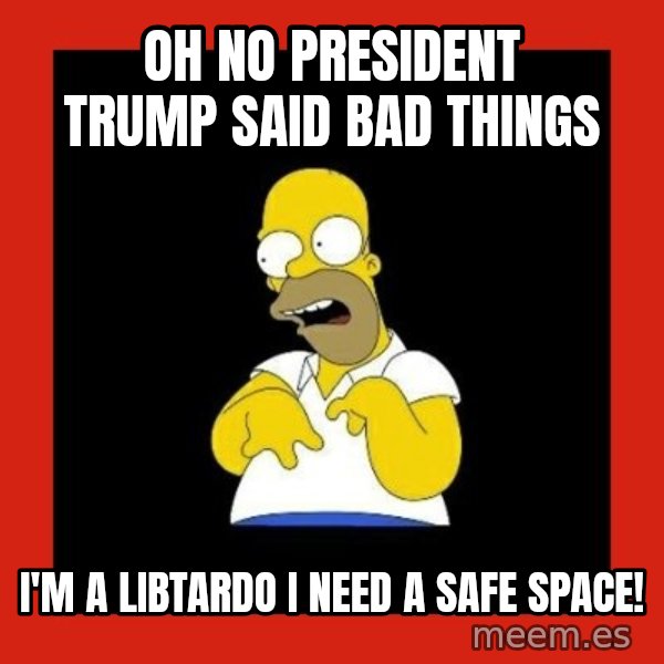 Homer retard meme: Oh no President Trump said bad things / I'm a libtardo I need a safe space!