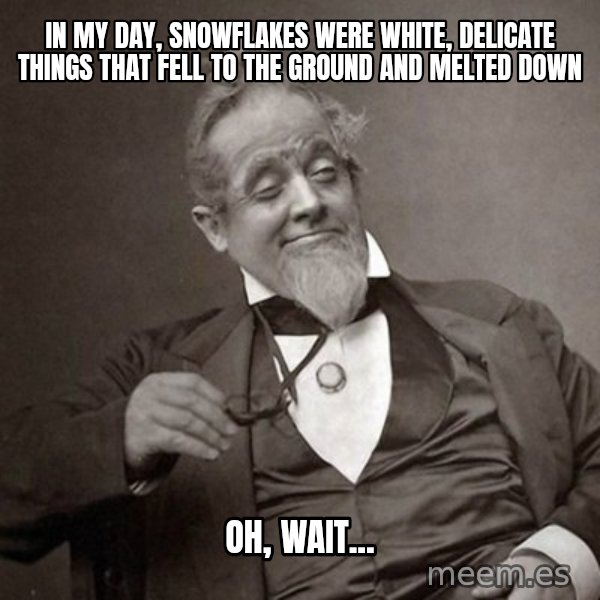 1889 [10] guy meme: In my day, snowflakes were white, delicate things that fell to the ground and melted down / Oh, wait...