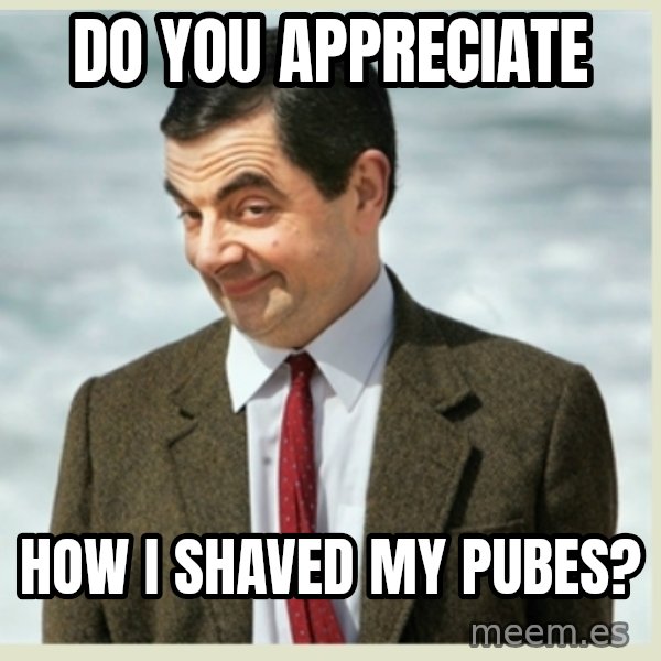 MR bean meme: do you appreciate / how i shaved my pubes?