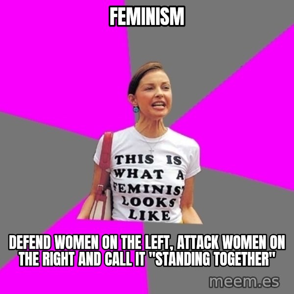 Feminist Cunt meme: Feminism / defend women on the left, attack women on the right and call it "Standing together"