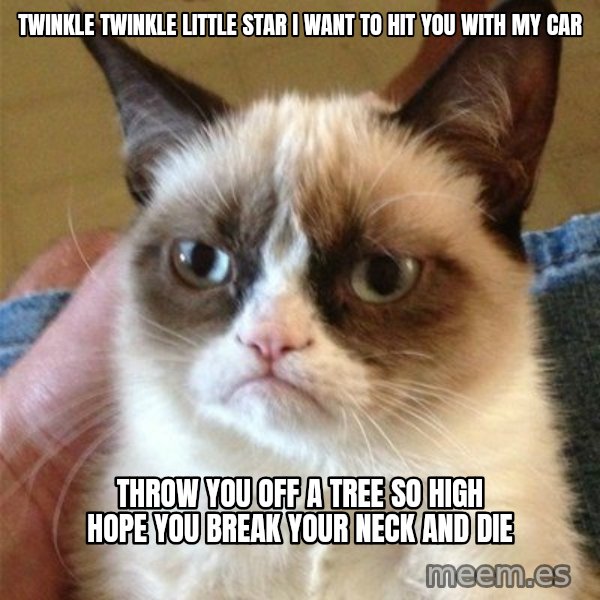 Grumpy Cat  meme: twinkle twinkle little star i want to hit you with my car / throw you off a tree so high hope you break your neck and die