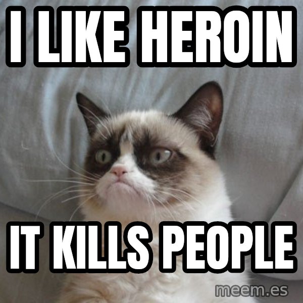 Grumpy cat good meme: I like heroin / it kills people