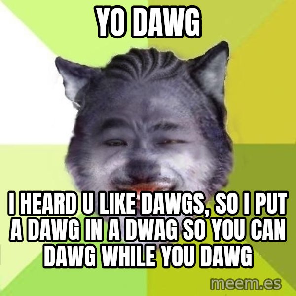 Yo Dawg meme: yo dawg / i heard u like dawgs, so i put a dawg in a dwag so you can dawg while you dawg