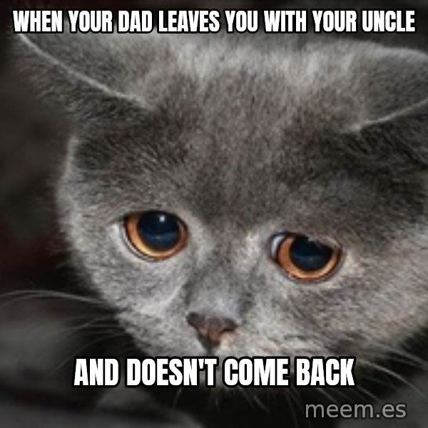 Sadcat meme: When your dad leaves you with your uncle / And doEsn't come back