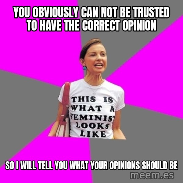 Feminist Cunt meme: you obviously can not be trusted to have the correct opinion / so i will tell you what your opinions should be