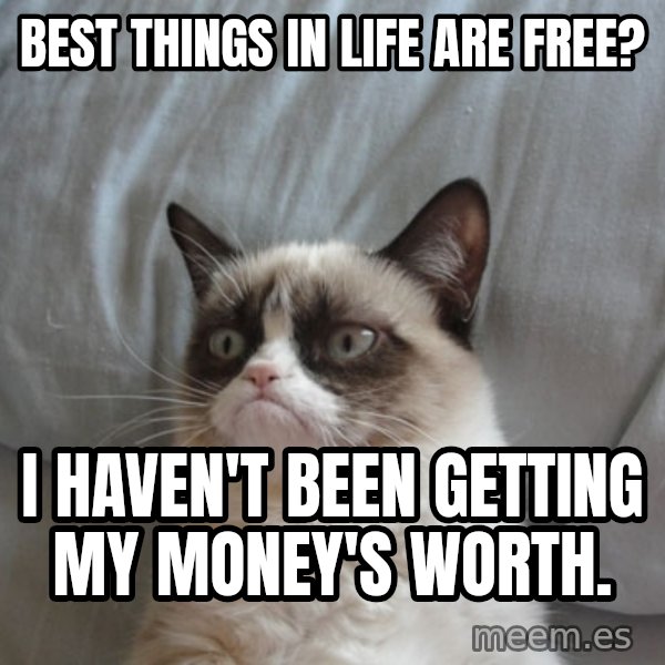 Grumpy Cat  meme: Best things in life are free? / I haven't been getting my money's worth.