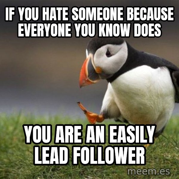 Unpopular Opinion Puffin meme: if you hate someone because everyone you know does / you are an easily lead follower