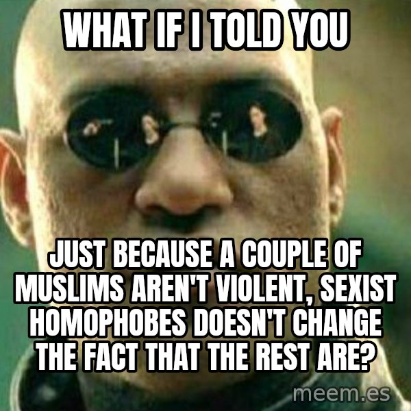 What If I Told You meme: what if i told you / just because a couple of muslims aren't violent, sexist homophobes doesn't change the fact that the rest are?