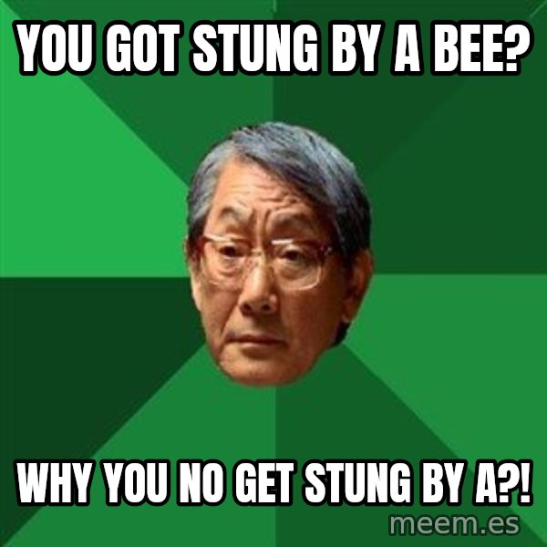 High Expectations Asian Father meme: You got stung by a bee? / why you no get stung by a?!