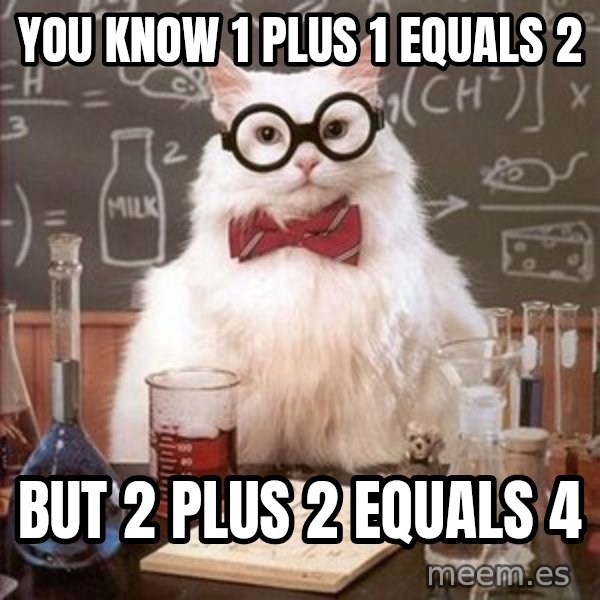 Chemistry Cat meme: you know 1 PLUS 1 EQUALS 2 / BUT 2 PLUS 2 EQUALS 4