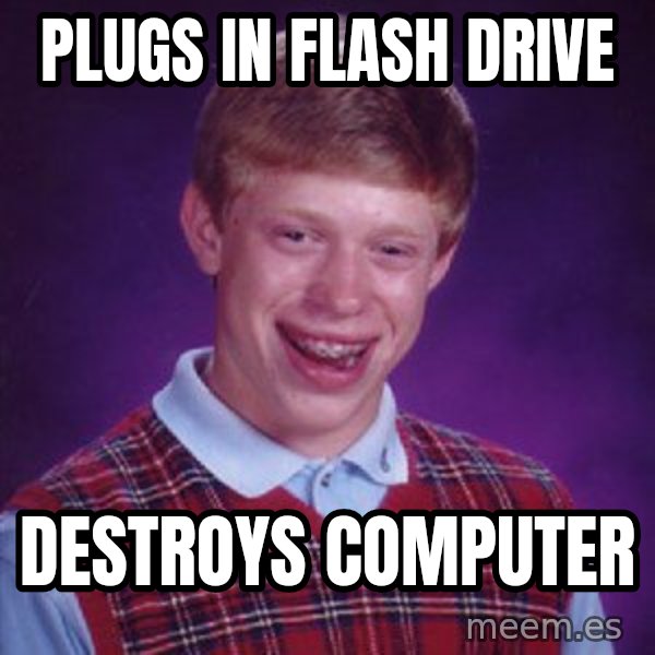 Bad Luck Brian meme: Plugs in flash drive / Destroys computer