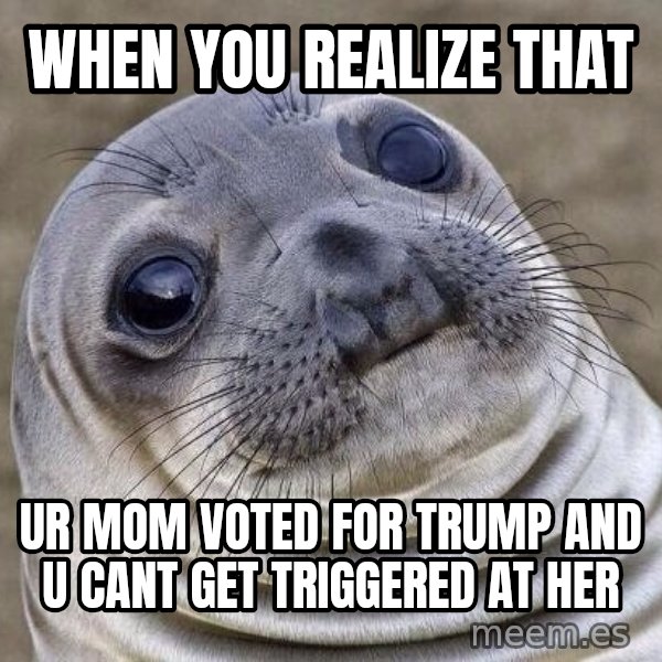 Awkward Seal meme: when you realize that / ur mom voted for trump and u cant get triggered at her