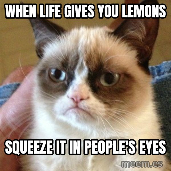 Grumpy Cat  meme: when life gives you lemons / squeeze it in people's eyes