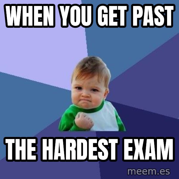 Success Kid meme: when you get past / the hardest exam