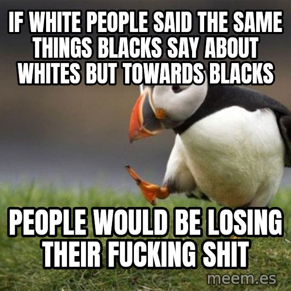 Unpopular Opinion Puffin meme: if white people said the same things blacks say about whites but towards blacks / people would be losing their fucking shit