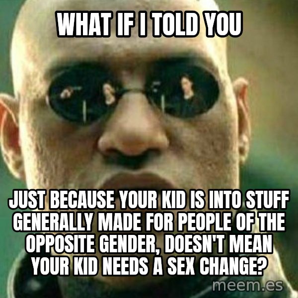 What If I Told You meme: what if i told you / just because your kid is into stuff generally made for people of the opposite gender, doesn't mean your kid needs a sex change?