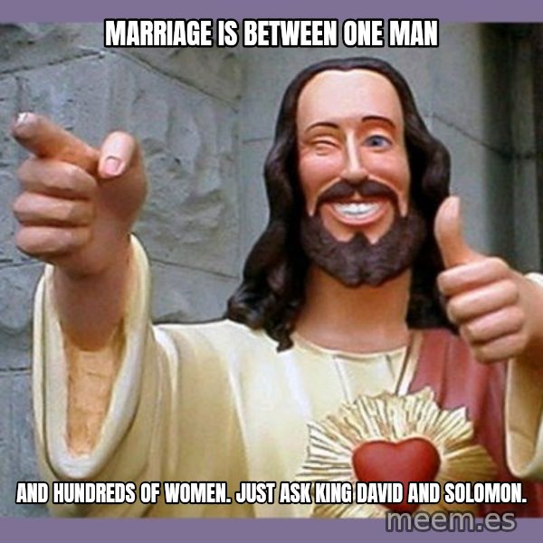 buddy jesus meme: marriage is between one man / and hundreds  of  women.  Just ask  king  david  and  solomon.