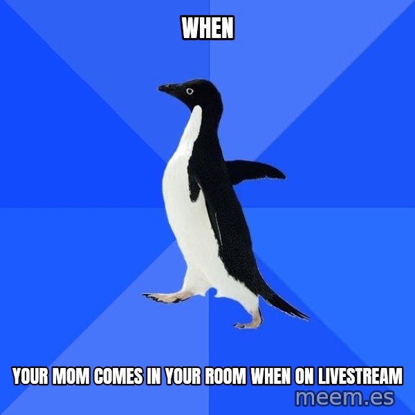 Socially Awkward Penguin meme: when / your mom comes in your room when on livestream