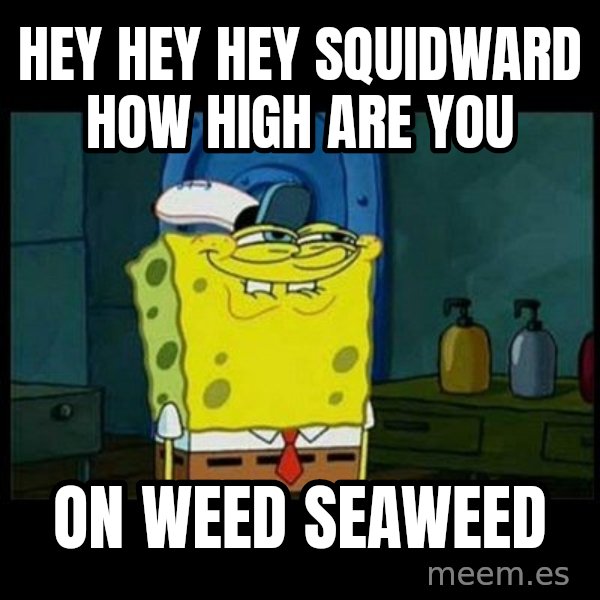 Don't you, Squidward? meme: Hey hey hey squidward how high Are you / On weed seaweed