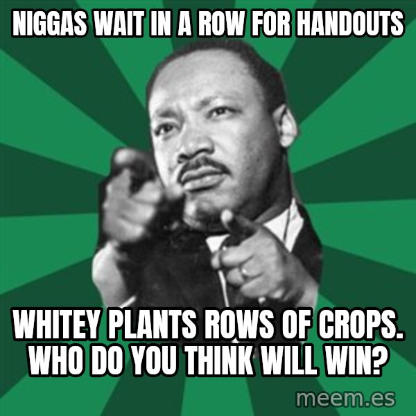 Martin Luther King jr.  meme: niggas wait in a row for handouts / whitey plants rows of crops.   who do you think will win?