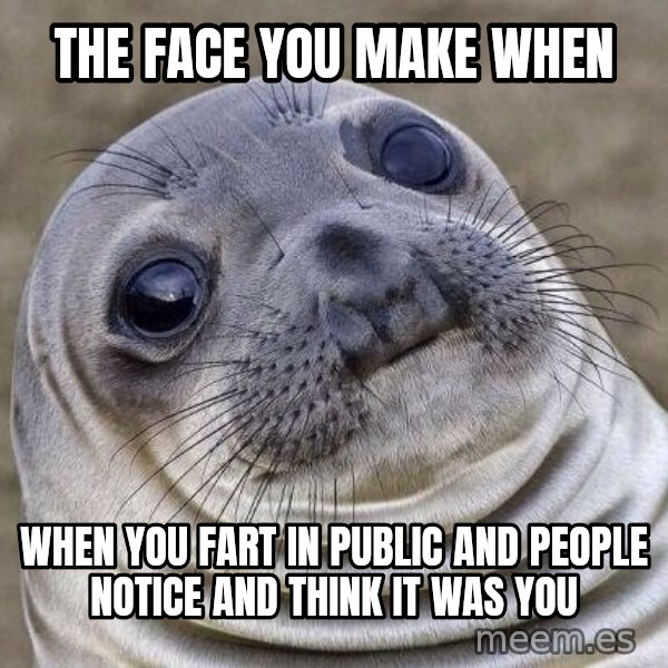 Awkward Seal meme: The face you make when / When you fart in publiC and people notice and think it was you