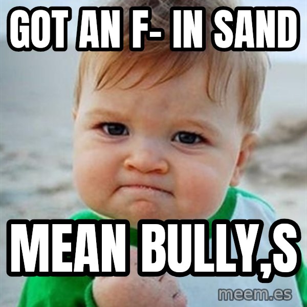 Victory Baby meme: got an F- in sand / mean bully,s