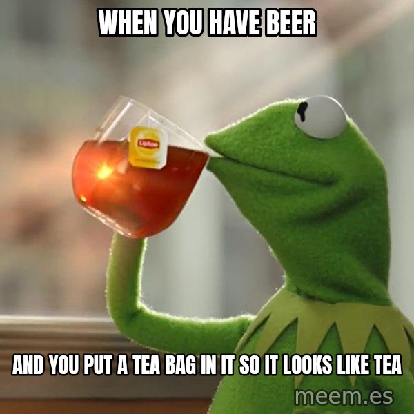 Kermit The Frog Drinking Tea meme: when you have beer / and you put a tea bag in it so it looks like tea
