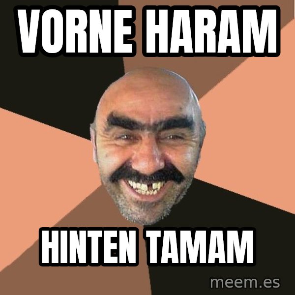 Provincial Man meme: Vorne Haram / hinten Tamam