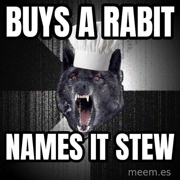 Insanity Wolf meme: Buys a rabit / Names it Stew