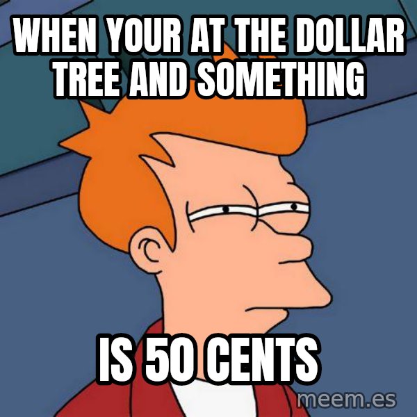 Futurama Fry meme: WHEN YOUR AT THE DOLLAR TREE AND SOMETHING / IS 50 CENTS