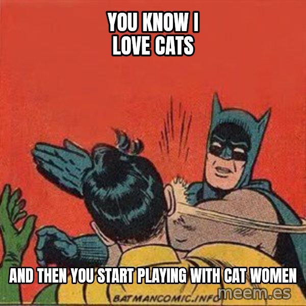 batman slap robin meme: You know I love cats / And then you start playing with cat women