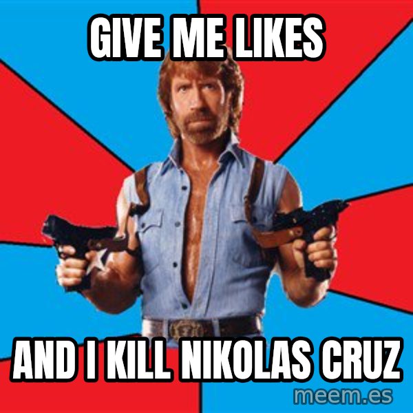 Chuck Norris  meme: GIVE ME LIKES / AND I KILL NIKOLAS CRUZ