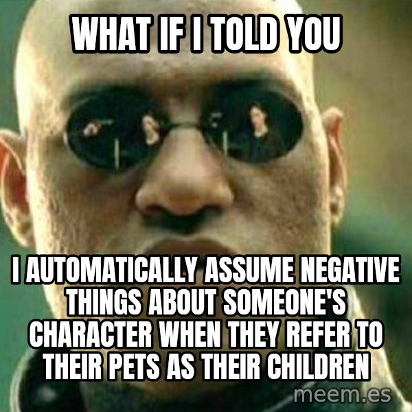 What If I Told You meme: What if I told you / I automatically assume negative things about someone's character when they refer to their pets as their children