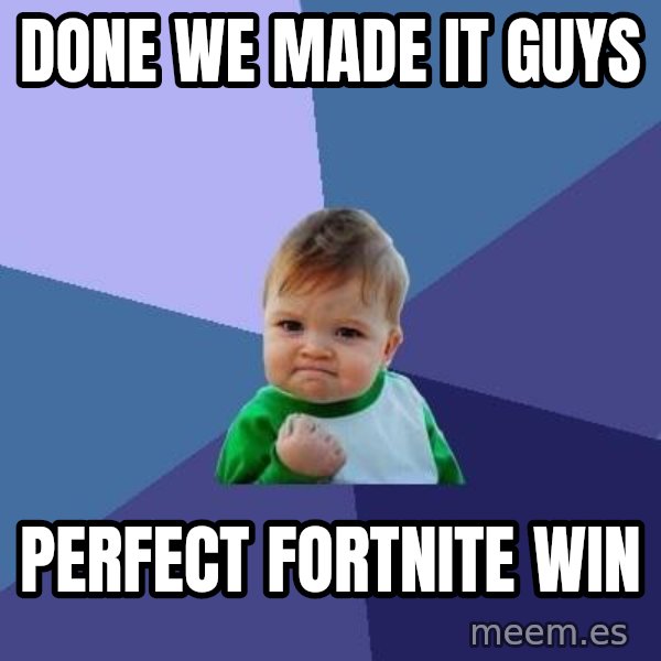 Success Kid meme: Done we made it guys / Perfect fortnite win