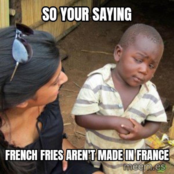 Skeptical 3rd World Kid meme: So your saying / French fries aren't made in france