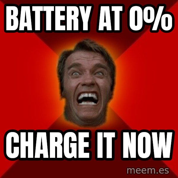 Angry Arnold meme: BATTERY AT 0% / CHARGE IT NOW