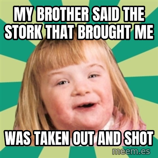 Retard girl meme: My brother said the stork that brought me / Was taken out and shot