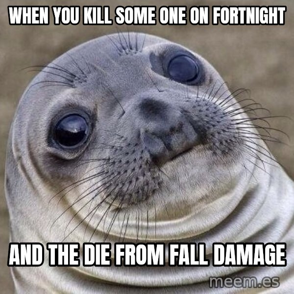 Awkward Seal meme: When you kill some one on fortnight / And the die from fall  damage