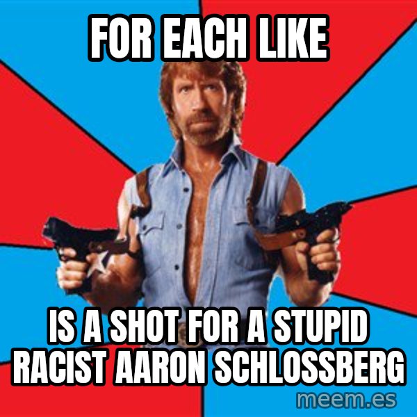 Chuck Norris  meme: FOR EACH LIKE / IS A SHOT FOR A STUPID RACIST AARON SCHLOSSBERG