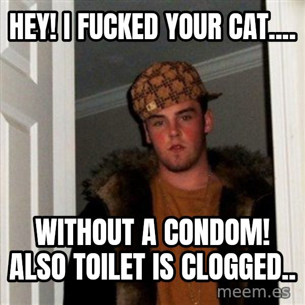 Scumbag Steve meme: HEY! I fucked your cat.... / Without a CONDOM! Also Toilet Is Clogged..